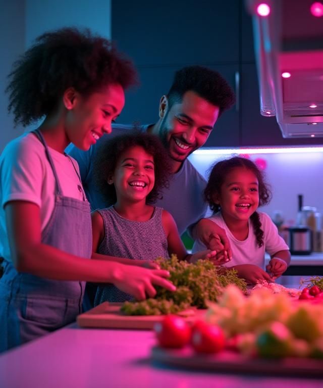 Family cooking fresh vegetables together with vibrant magenta lighting accents
