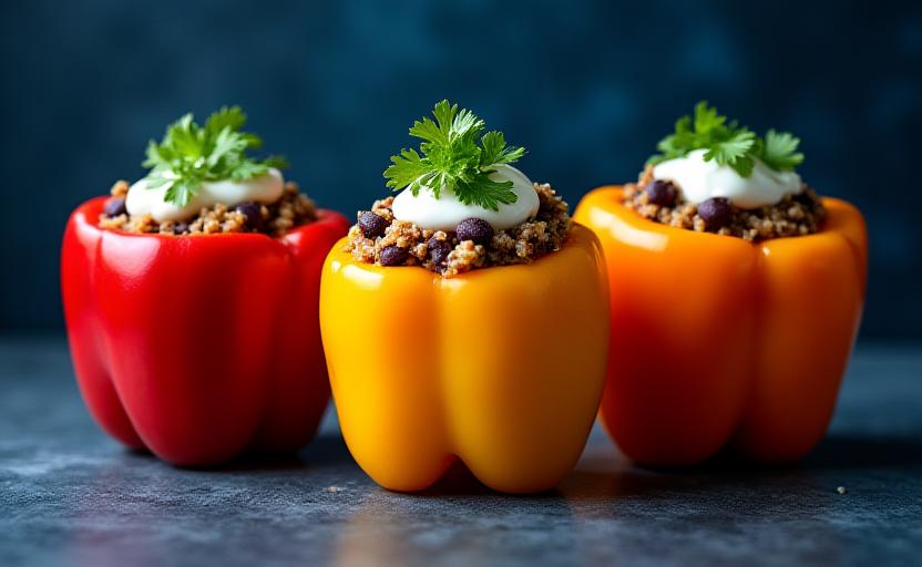 Quinoa and Black Bean Stuffed Peppers with avocado crema