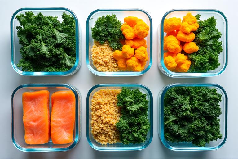 Weekly healthy meal prep layout with colorful glass containers
