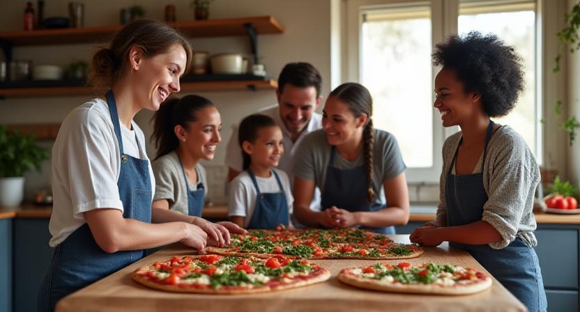 Family making healthy pizza together